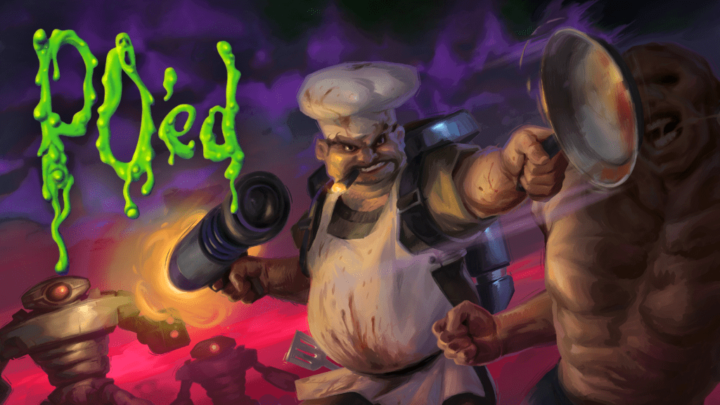 PO'ed: Definitive Edition official key art featuring the game's main character smacking an enemy with a frying pan